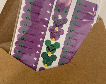 May include: A set of stickers featuring purple flowers with green leaves and the text "45 minutes", "23 mile", "26 mile", "3 miles", "7 mile walk", "5 miles", "6 miles", "8.5 mile walk", "6 miles", "7 miles", "10 mile walk", "6 miles", "7 miles", "5K RACE DAY", "10K RACE DAY", "RACE DAY 13.1".