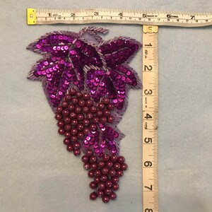 May include: A purple and burgundy grape cluster applique with sequins and beads. The applique is approximately 7 inches tall.