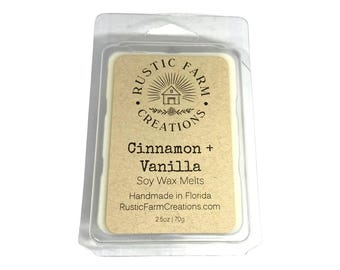 Soy Wax Melts | Cinnamon + Vanilla Scented | Rustic Farm Creations | wax melt clamshell | Scented wax melts