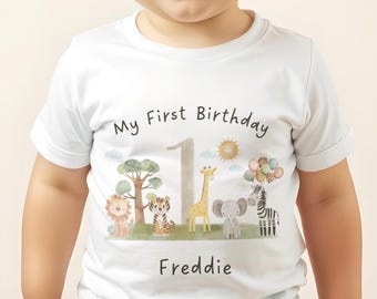 Personalised First Birthday T-shirt, Girls, Boys First Birthday Top, 1st Birthday T-Shirt, Safari Birthday,Birthday Babygrow, Vest, Bib