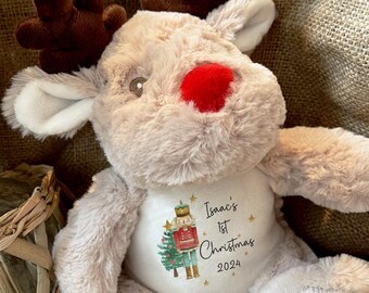 パーソナライズされた最初のクリスマステディ、赤ちゃんの最初のクリスマスギフト、トナカイのぬいぐるみ、カスタムのかわいいおもちゃ、赤ちゃんの靴下詰め物、新しい赤ちゃんへのギフト、新生児