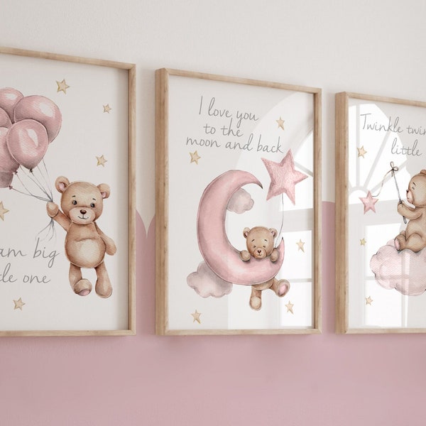 3er Set Kinderzimmer Drucke,Teddybär Kinderzimmer,Mädchen Kinderzimmer Drucke Mädchen Kinderzimmer,Baby Mädchen,rosa Kinderzimmer,Kinderzimmer Wandkunst