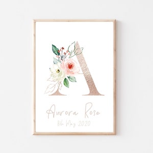 Floral erste personalisierte Druck, Geburt Statistiken, Kinderzimmer Dekor, Kindergarten Drucke, neue Baby-Geschenk, Baby-Mädchen, Blumen