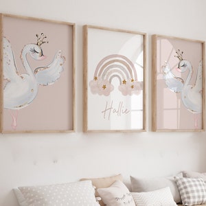 Girls Nursery Prints,Girls Bedroom Decor,Swan Prints,Pink,Floral Nursery,Kids Bedroom,Baby Girl Room,Girl Print,Rainbow Nursery Wall Art