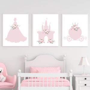 Set of 3 Princess Prints, Nursery Decor, Nursery Prints, Girls Bedroom Prints, Princess Prints, Princess Decor, Girls Wall Art Pink, Flowers