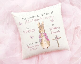 Peter Rabbit Cushion, Personalised Christening Cushion,Girls Christening Gifts,Baptism Gift, On Your Christening, Personalised Christening