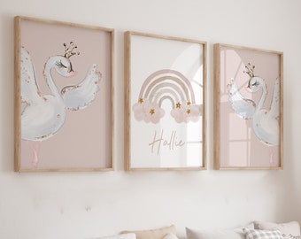 Girls Nursery Prints,Girls Bedroom Decor,Swan Prints,Pink,Floral Nursery,Kids Bedroom,Baby Girl Room,Girl Print,Rainbow Nursery Wall Art