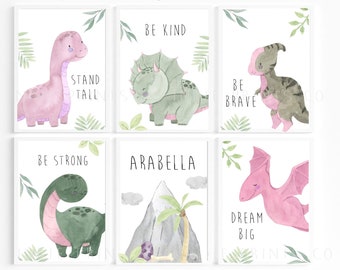 Dinosaurietryck, Dinosauriebarnrumstavlor, Barnrumsinredning, Flickrumsdekor, Dinosauriedekor, Väggkonst för flickrum, Dinosaurieväggkonst