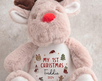 パーソナライズされた最初のクリスマステディ、赤ちゃんの最初のクリスマスギフト、トナカイのぬいぐるみ、カスタムのかわいいおもちゃ、赤ちゃんの靴下詰め物、新しい赤ちゃんへのギフト、新生児