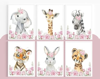 May include: Set of six framed watercolor animal prints. Each print features a different animal: an elephant, giraffe, zebra, tiger, rabbit, and cheetah. Each animal wears a floral crown and is surrounded by pink roses.