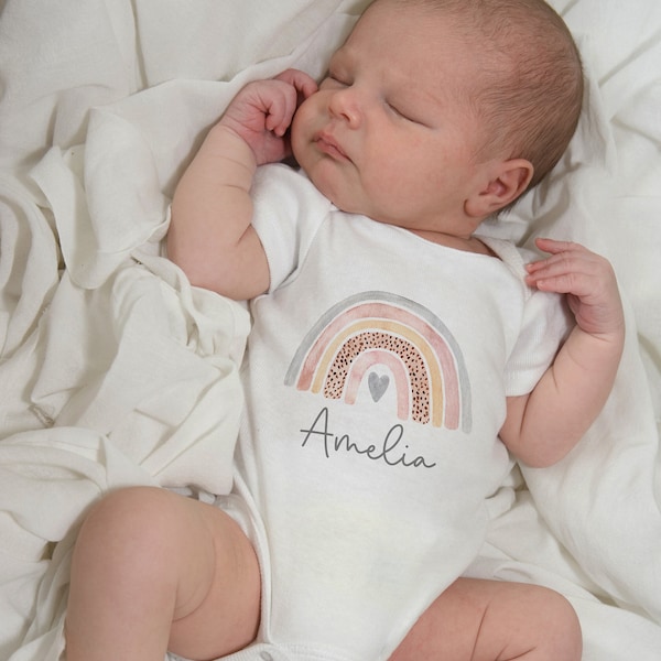 Personalised Babygrow,New Baby Gift,Baby Vest,Coming Home Outfit,Baby Pyjamas, Sleepsuit,Baby Keepsake,Newborn,Baby Girl,Pink,Rainbow Print