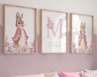 Peter Rabbit Prints, Mädchen, Kinderzimmer Drucke, Kinder-Wand-Dekor, Rosa, Floral, Baby Mädchen, Floppy Rabbit, personalisiert, neues Baby Geschenk, Schlafzimmer, Wand-Kunst
