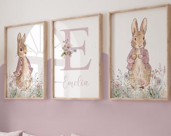 Peter Rabbit Prints,Girl Nursery Prints,Nursery Wall Decor,Pink,Floral,Baby Girl,Flopsy Rabbit,Personalised,New Baby Gift,Bedroom,Wall Art