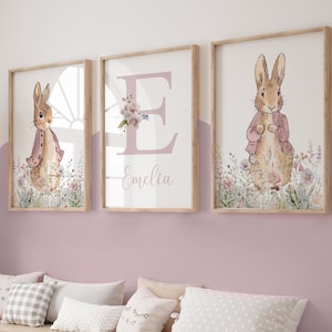 Peter Rabbit Prints,Girl Nursery Prints,Nursery Wall Decor,Pink,Floral,Baby Girl,Flopsy Rabbit,Personalised,New Baby Gift,Bedroom,Wall Art