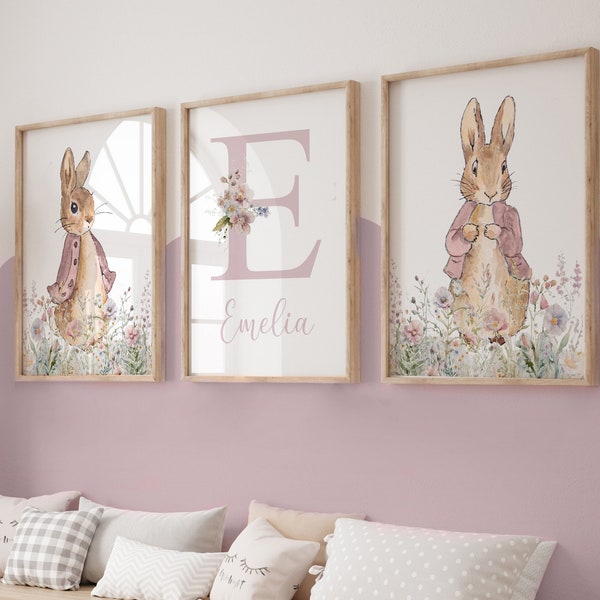 Peter Rabbit Prints,Girl Nursery Prints,Nursery Wall Decor,Pink,Floral,Baby Girl,Flopsy Rabbit,Personalised,New Baby Gift,Bedroom,Wall Art