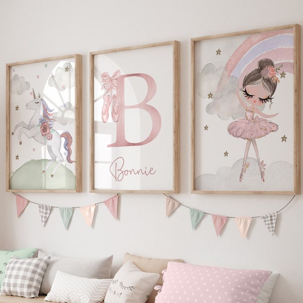 Meisjes slaapkamer prints, meisjes kamer decor, meisjes kunst aan de muur, Unicorn prints, ballerina prints, kinderkamer, meisje verjaardag, dans, Unicorn decor, roze decor