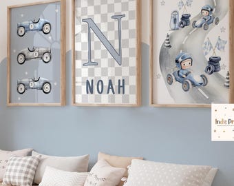 Set of 3 Race Car Prints, Little Racer, Boys Bedroom Prints, Car Prints, Boys Room Wall Art Racing Car Prints, Personalised Kids Room, Baby