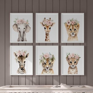 Safari Floral Animals,Nursery Prints,Nursery Decor,Girls,Baby,Pink Nursery,Jungle Decor,Boho Nursery,Toddler Bedroom,Playroom,Kids,Wall Art