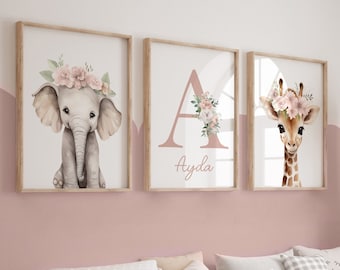 Safari Floral Animal Prints ,Nursery Prints, Nursery Decor, Personalised Girls Safari Nursery Prints, Boho Neutral Nursery, Girls Wall Art