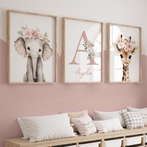 Safari Floral Animals,Nursery Prints,Nursery Decor,Girls,Baby,Pink Nursery,Jungle Decor,Boho Nursery,Toddler Bedroom,Playroom,Kids,Wall Art