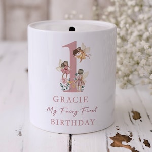 Personalised Money Box, Fairy First Birthday, First Birthday Gift, Girls, Baby, Kids, Piggy Bank, Granddaughter ,1st Birthday, Nursery Decor