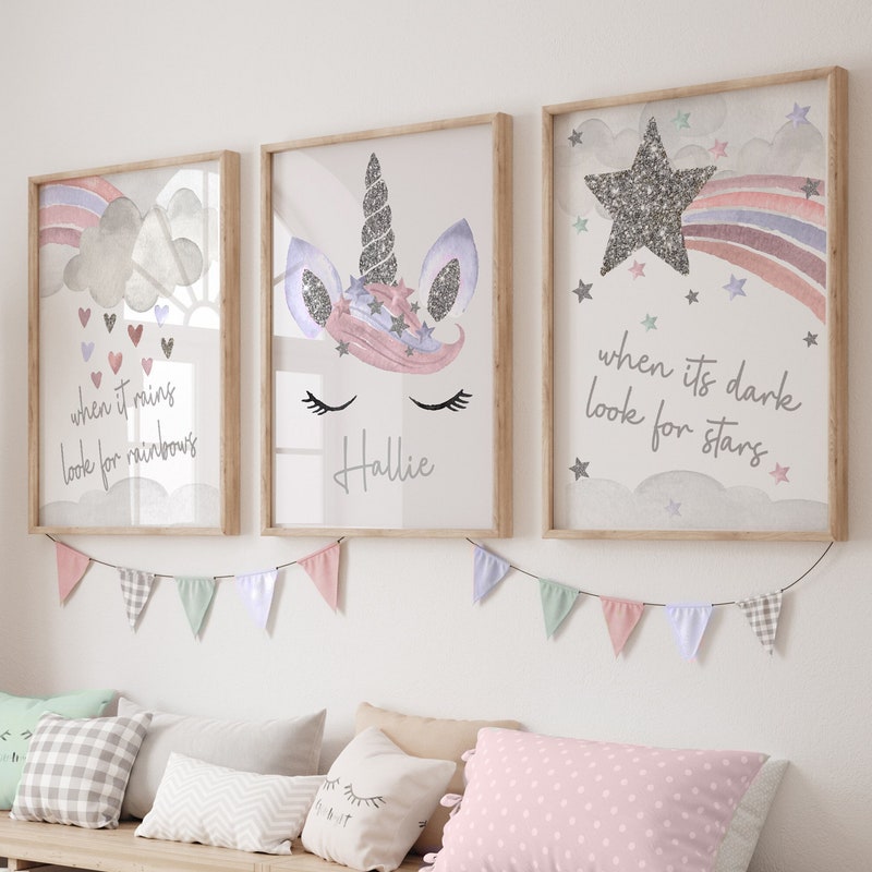 Personalized Name Girls Bedroom Prints,Unicorn Prints,Nursery Decor,Rainbow, Decor ,Pink,Girls Wall Decor,kids room prints,playroom,Unicorn Bedroom Decor