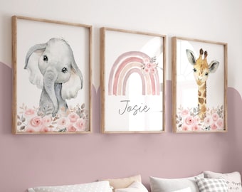 Girls Nursery Prints,Safari Nursery,Girl Nursery Decor,Baby Girl Room,jungle,safari animals,floral,pink,New Baby,Newborn,Wall Art,Toddler