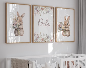 Bunny Nursery Prints,Girl Nursery Prints,Nursery Wall Decor,Pink,Floral,Baby Girl,Rabbit,Personalised,New Baby Gift,Bedroom,Wall Art,Floral