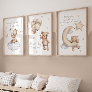 set of 3 nursery prints,teddy bear nursery,gender neutral nursery decor,baby boys,baby girls,unisex nursery,nursery decor,nursery wall art Beige