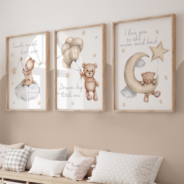 set of 3 nursery prints,teddy bear nursery,gender neutral nursery decor,baby boys,baby girls,unisex nursery,nursery decor,nursery wall art