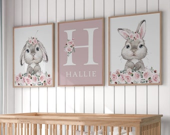 Bunny Nursery Prints, Girl Nursery Prints,Nursery Prints,Toddler Prints, Bunny Wall Art,Girls Nursery Decor,Floral Nursery Decor,Pink,Baby