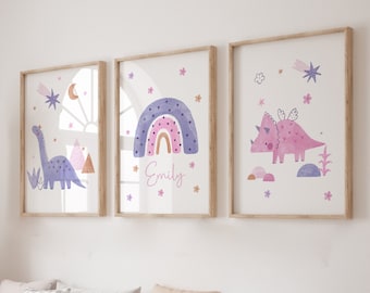 Väggkonst till flickrum, dinosaurietryck till flickor, rosa, lila, flickrum, småbarnsrum, dinosauriedekor, barn, flicktillbehör, flickrumsdekor