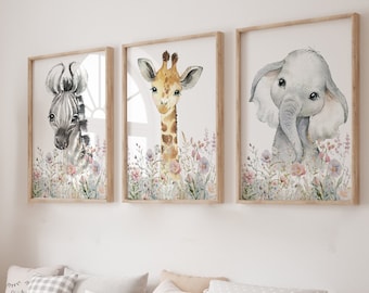 Floral Safari Animal Prints,Nursery Decor,Nursery Prints,Girls,Baby,Bedroom,Jungle,Woodland Animals,Pink,Wall Decor,Safari Decor,Flowers