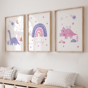 Arte de la pared de la habitación de las niñas, estampados de dinosaurios para niñas, rosa, púrpura, dormitorio de las niñas, dormitorio de niños pequeños, decoración de dinosaurios, niños, accesorios para niñas, decoración de la habitación de las niñas