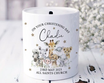 Personalised Money Box,Christening Gifts,Safari,Boy & Girl Gift,Christening Keepsake,Personalised Christening,Baptism Gifts,Baby,Godson