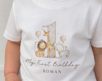 Maglietta per il primo compleanno, Compleanno selvaggio, Abbigliamento con animali della savana, Maglietta di compleanno nella giungla per bambini e bambine, Regalo per il primo compleanno, Uno