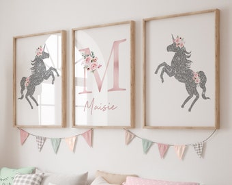 3er Set Einhorn Drucke, Mädchen Schlafzimmer Drucke, Mädchen Zimmer Dekor, Einhorn Dekor, Kinderzimmer Drucke, Blumen, Rosa, Personalisiert, Mädchen Wandkunst