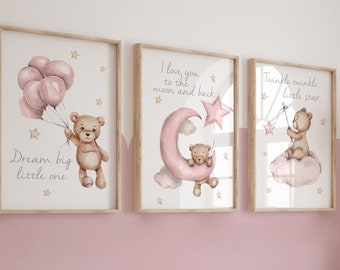 set of 3 nursery prints,teddy bear nursery,girls nursery prints girls nursery decor,baby girls,pink nursery,nursery decor,nursery wall art