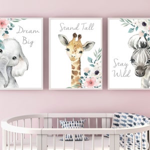 Set of 3 Safari Floral Animals, Nursery Prints, Nursery Decor, Girls Nursery Decor, Safari Nursery, Safari Nursery Decor, Woodland Prints