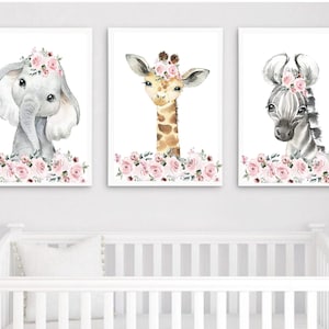 Safari Floral Animals, Nursery Prints, Nursery Decor, Girls Nursery Decor, Safari Nursery, Safari Nursery Decor, Girls Bedroom Prints,