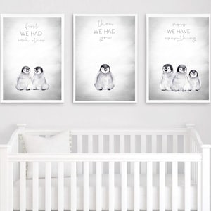 Watercolour Penguin Set of 3 Prints, First We Had Each Other Quote, New baby, Nursery Prints, Boho Nursery Prints, Kids Prints