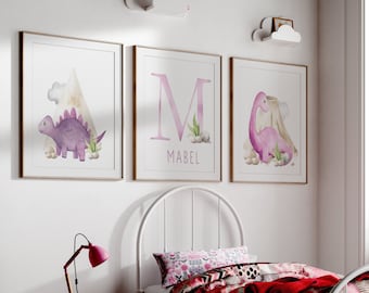 Set med 3 dinosaurietryck, dinosaurietryck för flickor i sovrummet, dekoration för barnrum, väggkonst för flickor, dinosaurietryck för flickor, tryck för flickor i sovrummet, dinosaurier