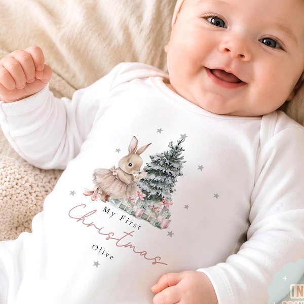 Gepersonaliseerd slaaprompertje voor mijn eerste kerst, babykleding voor de eerste kerst van een meisje, eerste kerstoutfit