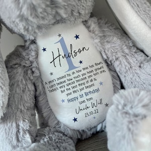 Personalised 1st Birthday Gift,First Birthday Gift,Boys,Girls,Keepsake,Granddaughter,Grandson,Baby Gift,Goddaughter,Godson,Bunny,Teddy BLUE - with bag