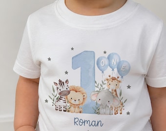 Safari Wild One First Birthday T-Shirt, Personalised Jungle Animals Tee, Boys Girls 1st Birthday Outfit