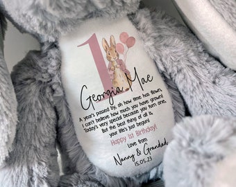 Personalised First Birthday Gift,Bunny, Granddaughter, Girls Birthday Present ,Soft Toy, Keepsake,Goddaughter, Daughter Birthday,Niece,Pink