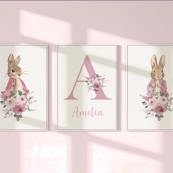 Peter Rabbit Prints, Girls Nursery Prints, Girl Nursery Decor, Pink, Floral, Baby Girl, Flopsy Rabbit, Nursery personnalisée, Peter Rabbit Nursery