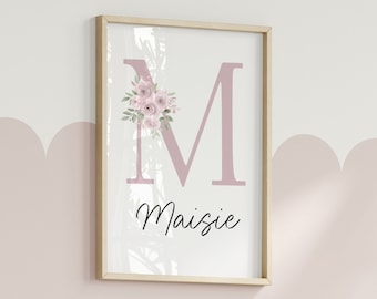 Impresión de nombre floral, impresiones de guardería para niñas, decoración de pared de guardería, rosa, floral, niña, personalizado, nuevo regalo de bebé, dormitorio, arte de pared, niña, recién nacido