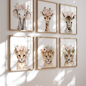 Safari Floral Animals Nursery Prints, Boho Jungle Decor, Kids Wall Art, Girls Bedroom Wall Decor