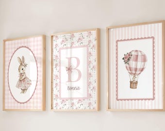 Láminas infantiles vintage con conejitos, arte de pared personalizado para niña, decoración floral rosa para la habitación del bebé.